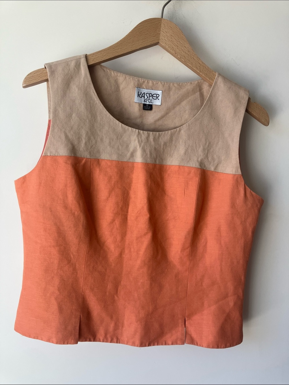 KASPER Vintage Coral/Tan Colorblock Sleeveless Linen Tailored Tank Crop Size 8